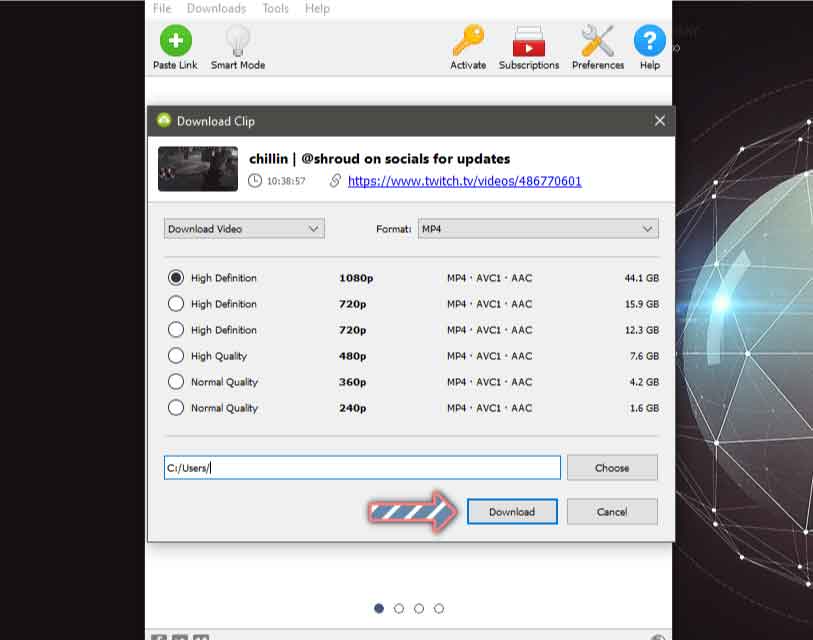 The download screen for a Twitch video, formats and more are listed