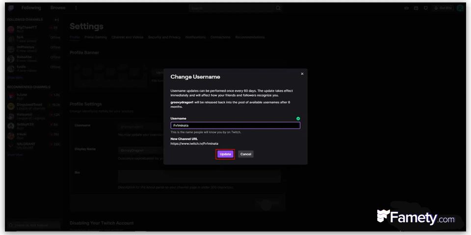 click on the update username twitch