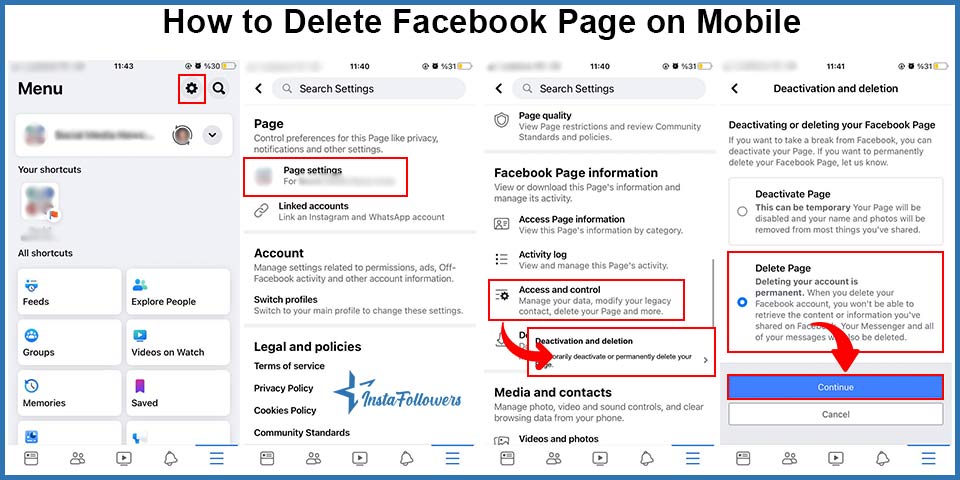 how to delete facebook page on mobile