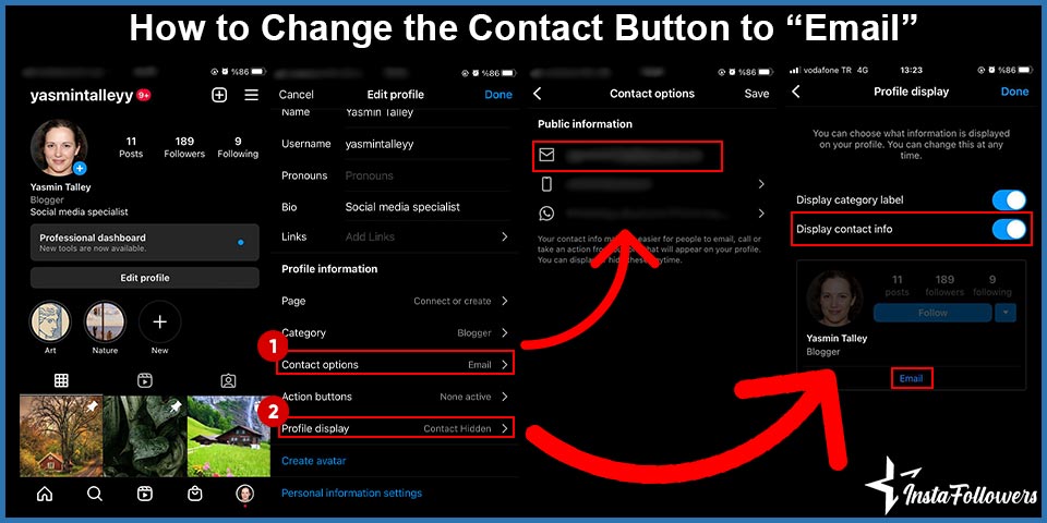 how to change the contact button to email