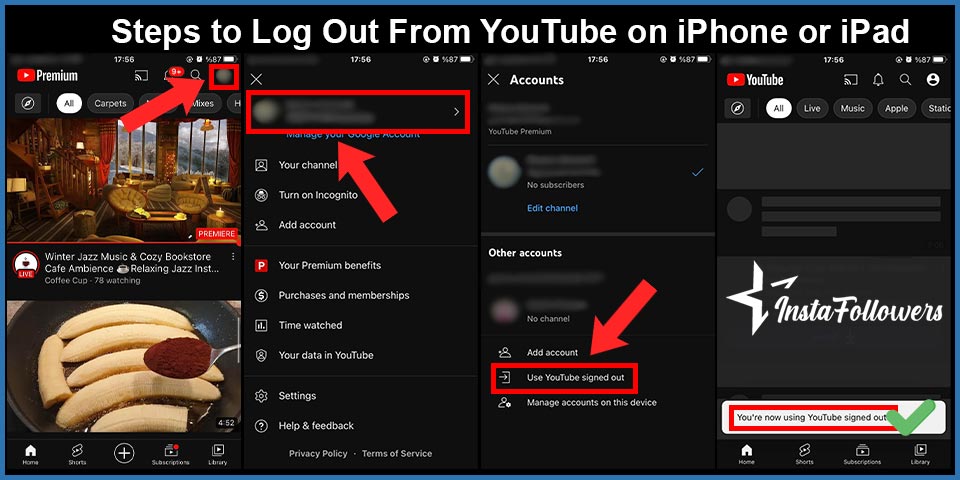 steps to log out from youtube on iphone or ipad