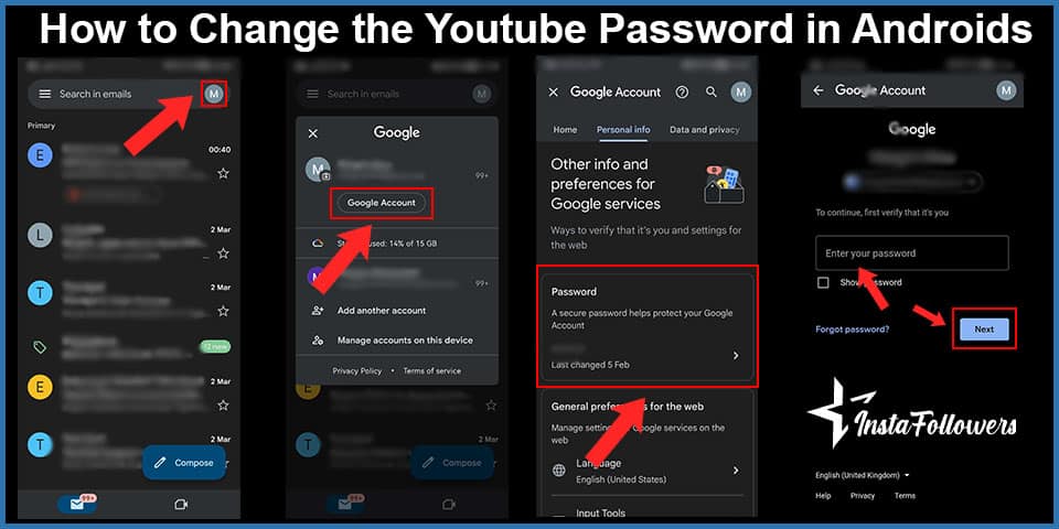 how to change the youtube password in androids