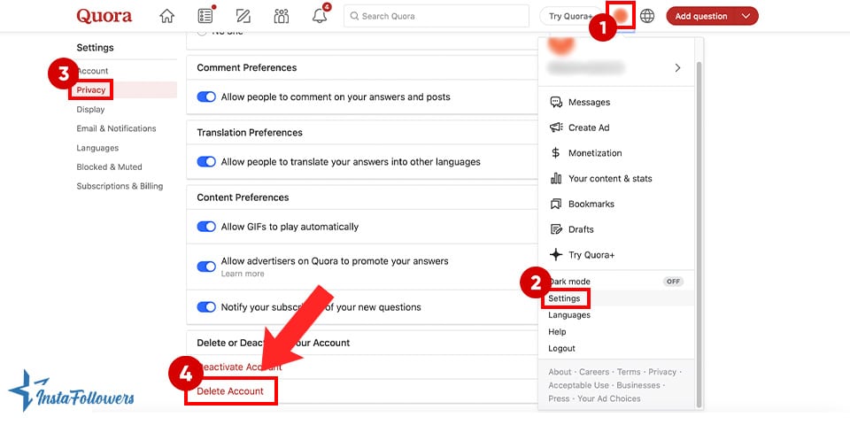 delete quora account