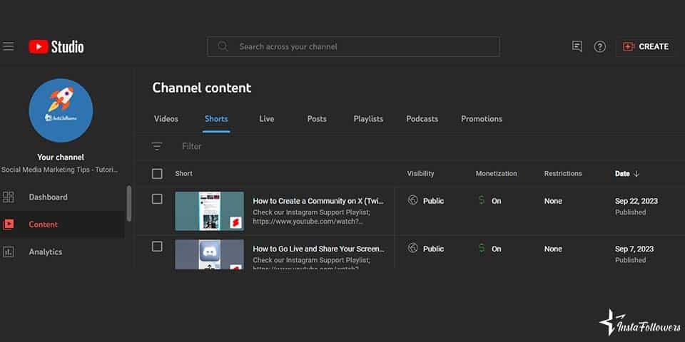 YouTube dashboard